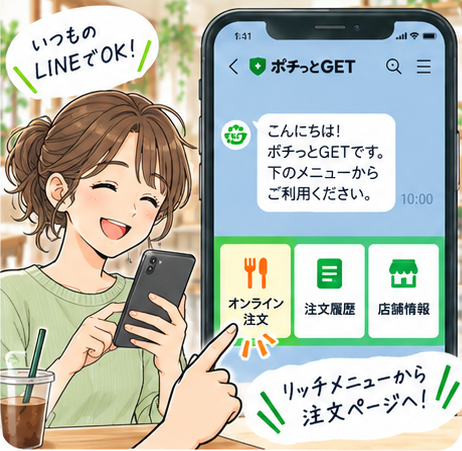 女性のお客様がLINEの画面から注文するイラスト
