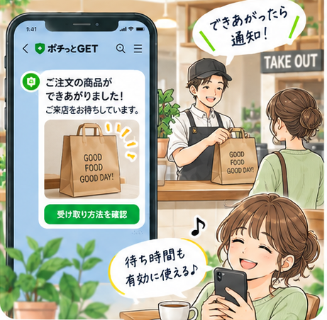 商品のできあがりをLINEで受け取り、店頭で受け取るイラスト