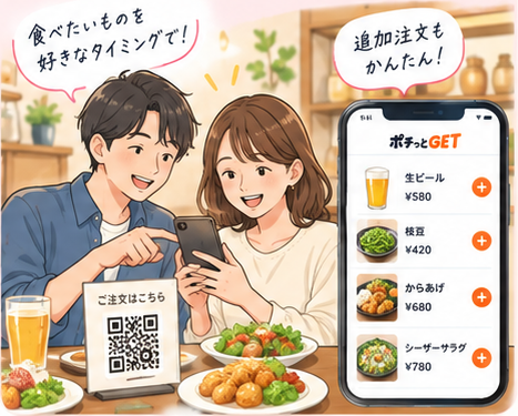 店内のQRコードから料理を注文する男女の様子