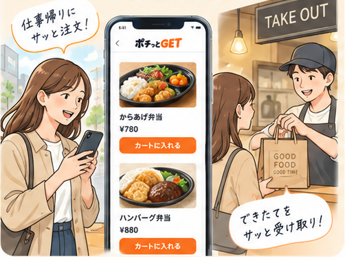 女性がスマホでお弁当を注文し、お店で受け取る様子